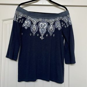 Chico's Navy Blue Embellished Off the Shoulder Top | Chico's size 0 / Size Small